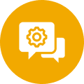 Chat bubbles with gear icon inside circle.